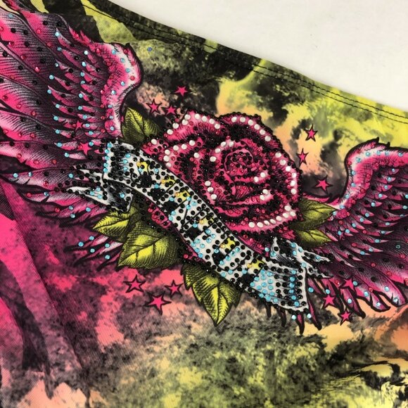 Sinful by Affliction Bikini Bottom Studded Heart Tiger Rhinestone Pink Yellow L - Picture 4 of 6